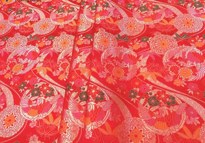 Chinese Silk Brocade Fabric: Crane Pattern, Red Jacquard (59" Wide)