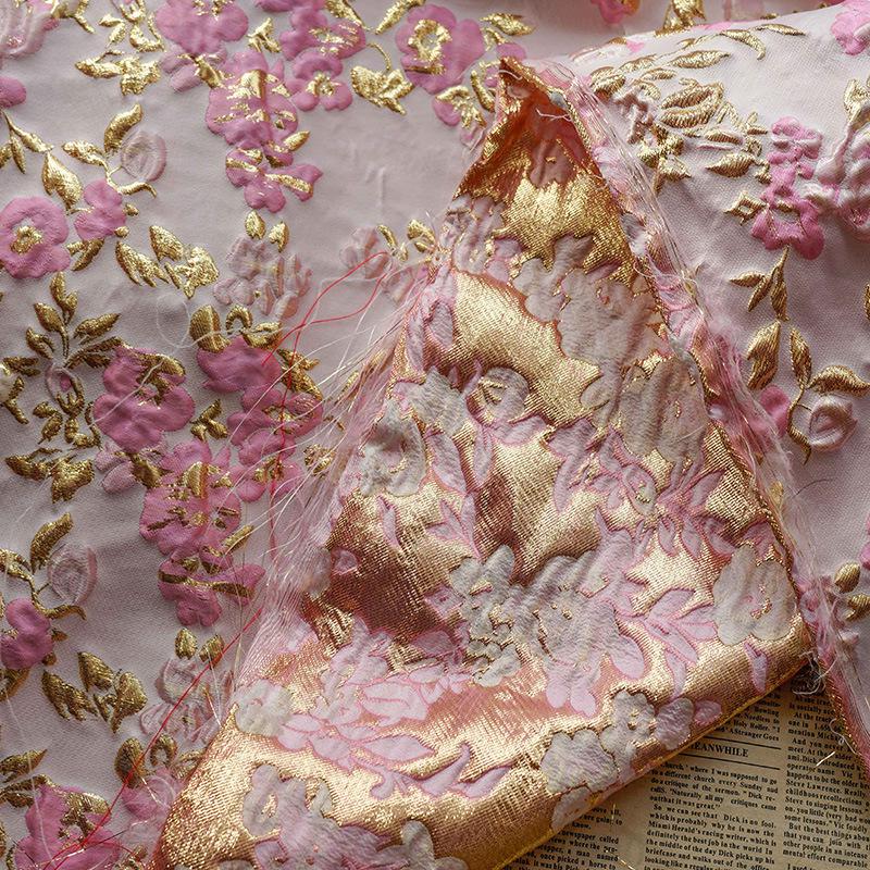 Pink Gold Floral Jacquard Fabric: 3D Designer Sewing Material (57"W)