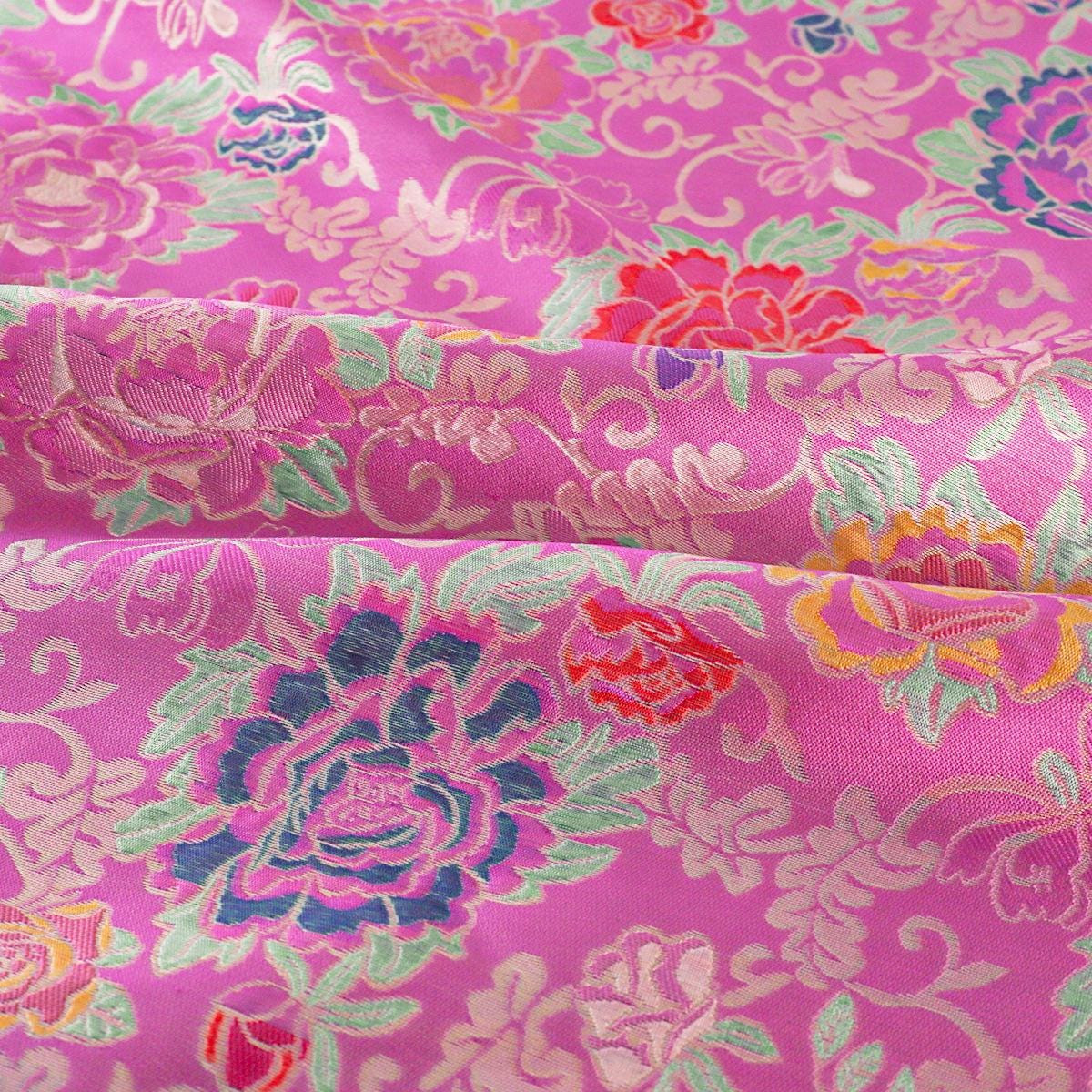 Hot Pink Floral Brocade Fabric: Gold Thread Kimono Nishijin (59"W)