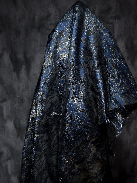 Lava Rock Ripple Jacquard Fabric: Blue & Gold Upholstery, Drapery - 65"W