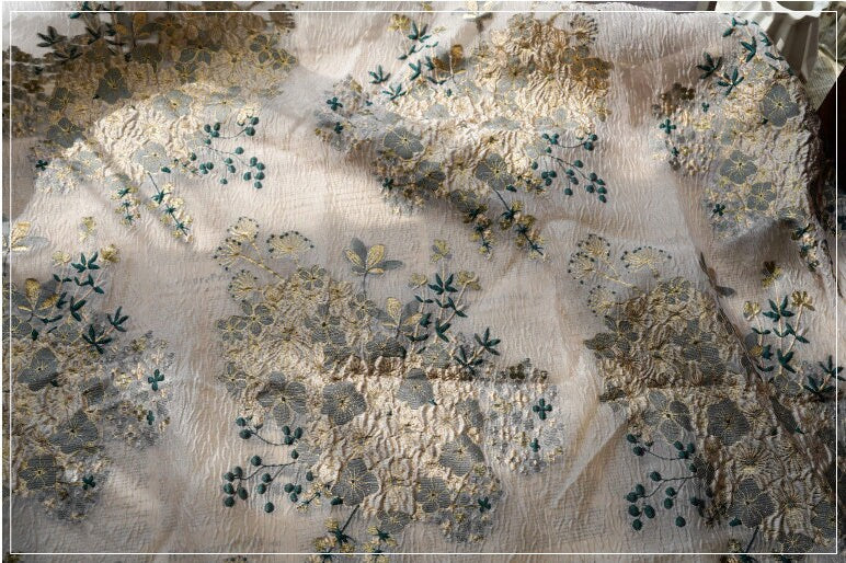 Floral Organza Jacquard Fabric: Gold Thread, 54" Wide, By The Yard