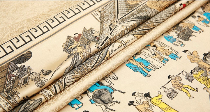 Khaki Silk Brocade Fabric: Ancient Chinese Painting, 118" Wide