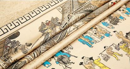Khaki Silk Brocade Fabric: Ancient Chinese Painting, 118" Wide