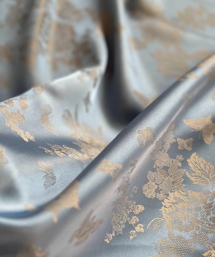 Aqua Blue Butterfly Nishijin Fabric: Japanese Silk Brocade, 55"W