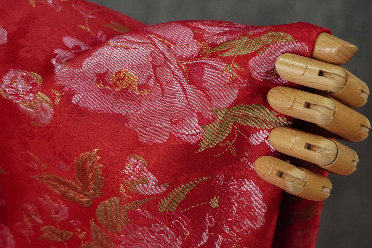 Red Peony Brocade Fabric: Gold Thread Jacquard, 64" Wide
