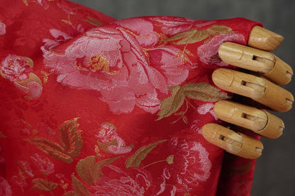 Red Peony Brocade Fabric: Gold Thread Jacquard, 64" Wide