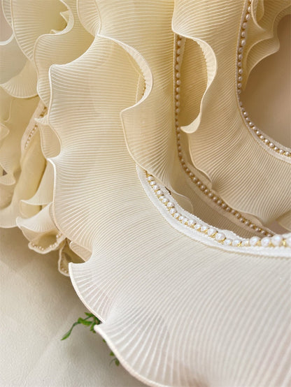 Ivory Pleated Chiffon Trim: Beaded Ruffled Fabric, 4.3" Width