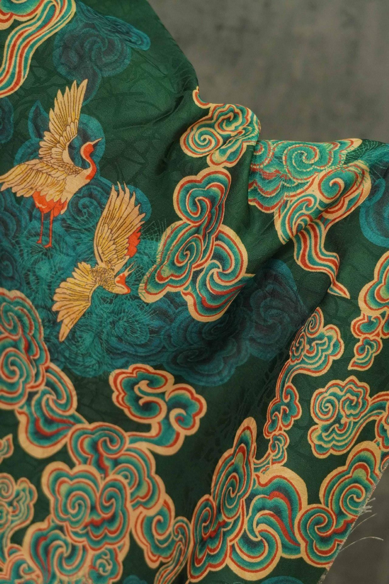 Auspicious Cloud Tea Silk Satin Fabric: Dark Green Upholstery, Costume, Drapery (59"W)