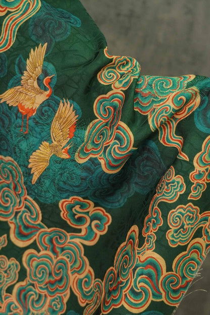 Auspicious Cloud Tea Silk Satin Fabric: Dark Green Upholstery, Costume, Drapery (59"W)