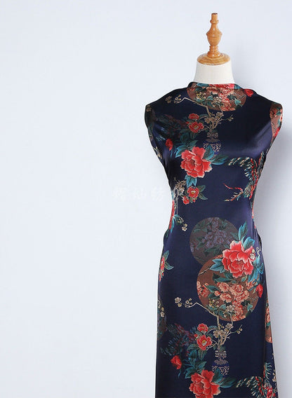 Floral Bird Print Satin Fabric: Gambiered Canton Gauze, 59"W