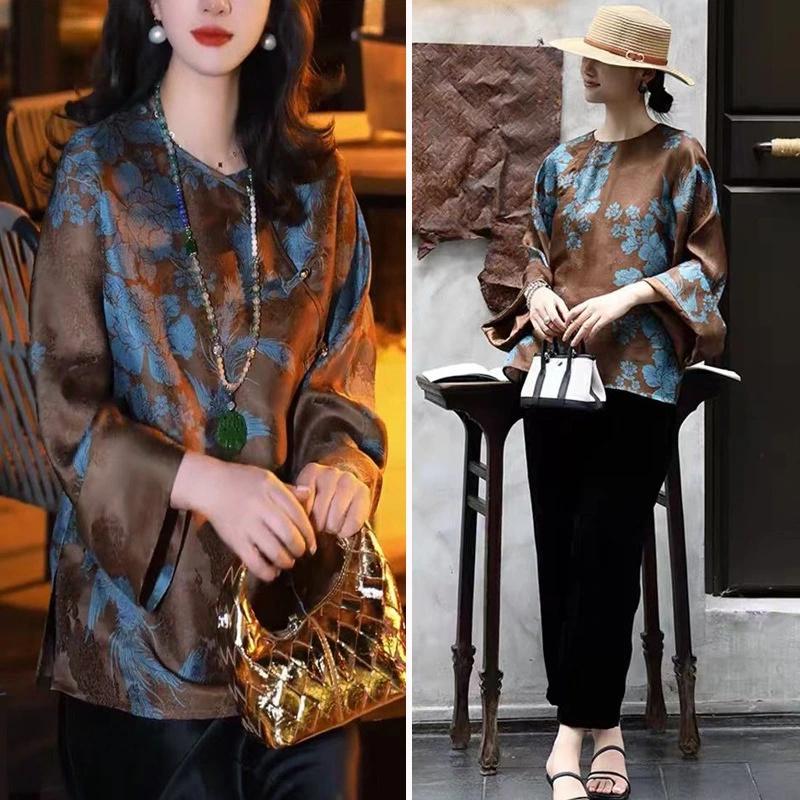 Tissu brocart de soie Phoenix & Peony : Jacquard Xiangyun marron pour Cheongsam et Hanfu