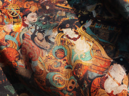 Dunhuang Fresco Buddha Linen Fabric: Asian Style Upholstery, Scarf, Curtain, Sewing (55"W)