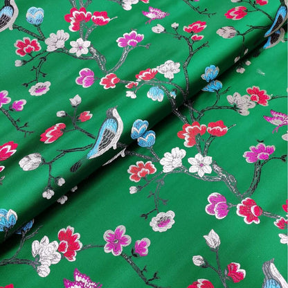 Red Silk Brocade Fabric: Bird & Branch Print, 59" Wide