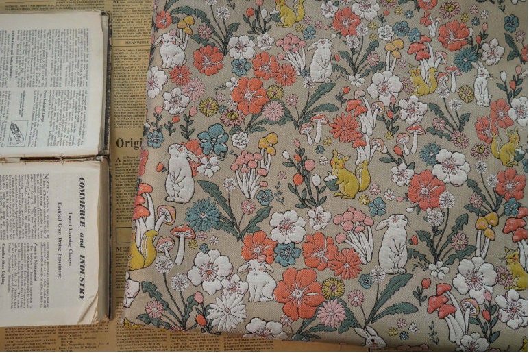 Rabbit & Mushroom Jacquard Fabric: Embossed Upholstery, 57"W