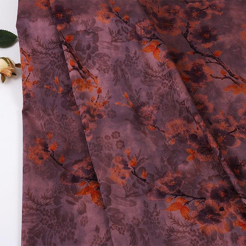 Red Cloud Gauze Fabric with Ink-Dyed Peony Blossom Print, 59"Wide