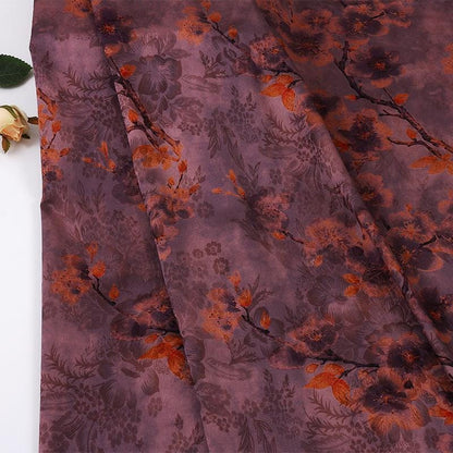 Red Cloud Gauze Fabric with Ink-Dyed Peony Blossom Print, 59"Wide