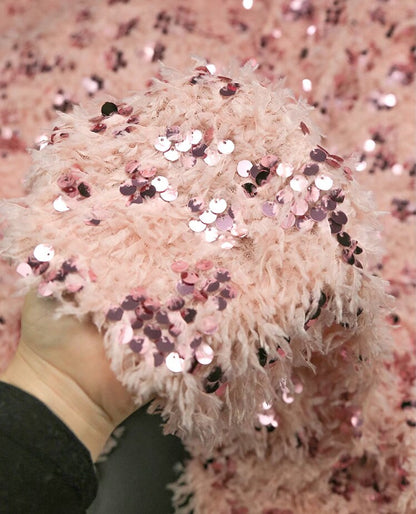 Tissu en dentelle à franges de plumes et sequins, maille à pompons, 145 cm de large