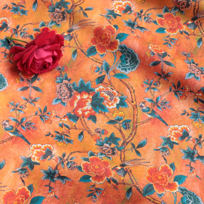 Floral Ramie Fabric: Dunhuang Style Print, 57" Wide