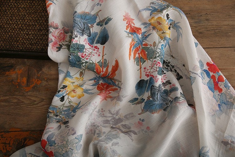 Floral Ramie Fabric: Ancient Ink Painting Print, 57" Wide