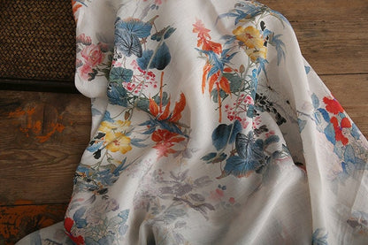 Floral Ramie Fabric: Ancient Ink Painting Print, 57" Wide