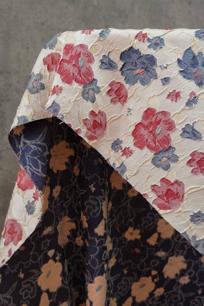 Reversible Jacquard Woven Fabric: Blue Red Embossed Flower, 60" Wide