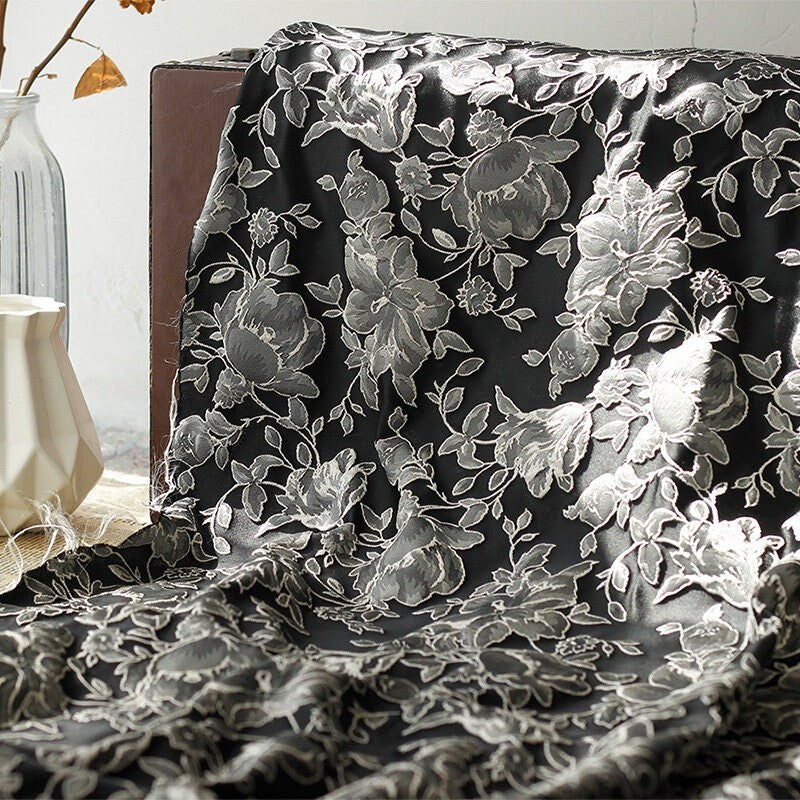 Black & White Floral Jacquard Fabric: Embossed 3D Design, 52" Wide