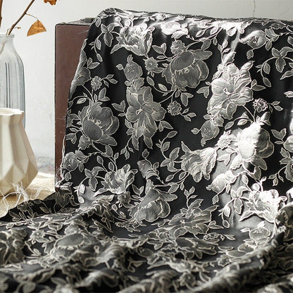 Black & White Floral Jacquard Fabric: Embossed 3D Design, 52" Wide