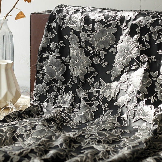 Black & White Floral Jacquard Fabric: Embossed 3D Design, 52" Wide
