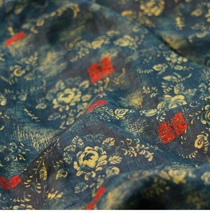 Tissu ramie à imprimé floral turquoise : teinture végétale naturelle (57 po L)