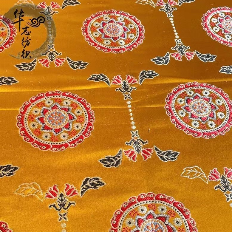 Tibetan Damask Brocade Fabric: Buddhism Inspired Rayon, 29.5"W, By The Meter