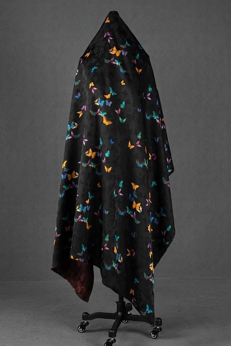 Rayon Shantung Fabric: Black Butterfly Print, Costume, Upholstery, 55"W