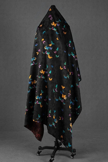 Rayon Shantung Fabric: Black Butterfly Print, Costume, Upholstery, 55"W