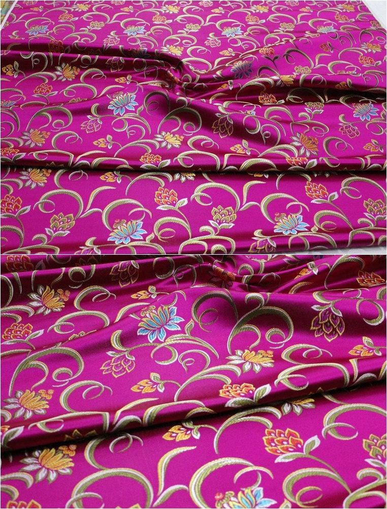 Lotus Jacquard Silk Brocade Fabric: Red, Green, Hot Pink - 29.5" Width