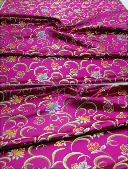 Lotus Jacquard Silk Brocade Fabric: Red, Green, Hot Pink - 29.5" Width