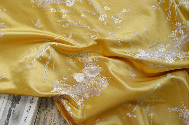 Mountain Flowers Birds Brocade Fabric: 58"W Rayon Sewing Material