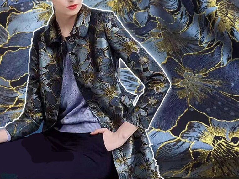Gold Thread Jacquard Fabric: Blue Floral 3D Texture, 63" Wide