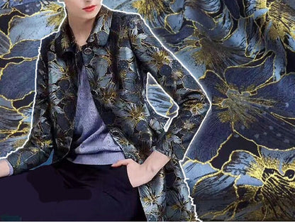 Gold Thread Jacquard Fabric: Blue Floral 3D Texture, 63" Wide