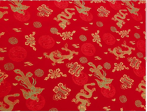Red Dragon Phoenix Brocade Fabric: Cheongsam Robe Material (59"W)