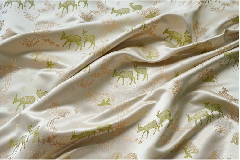 Green Deer Faux Silk Brocade Fabric: 59" Wide, By The Meter