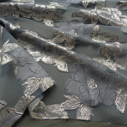 Blue & Gold Floral Jacquard Organza Fabric - 56"W