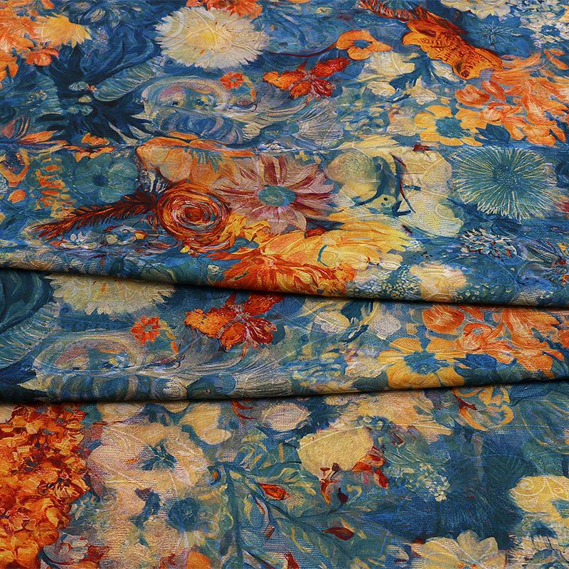 Oil Painting Style Floral Print Shiny Rayon Jacquard Fabric by the Yard, 59" Wide