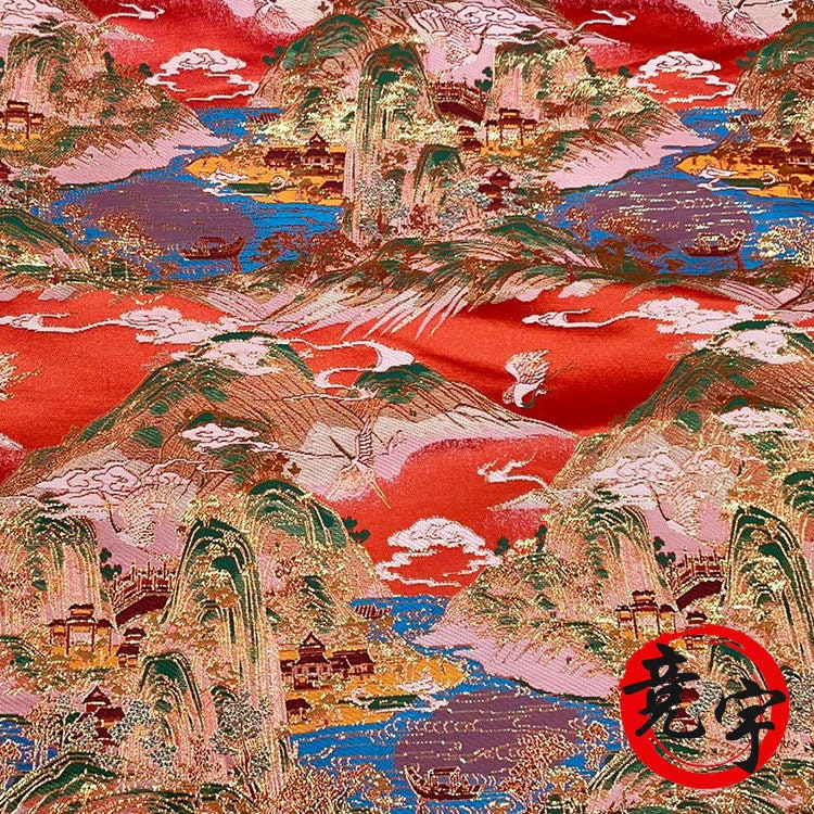 Red & Gold Chinese Brocade Fabric: Ancient Paintings Pattern (59" Wide)