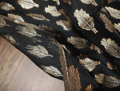 Black Jacquard Fabric: 3D Gold Thread Leaf Design, 59" Wide
