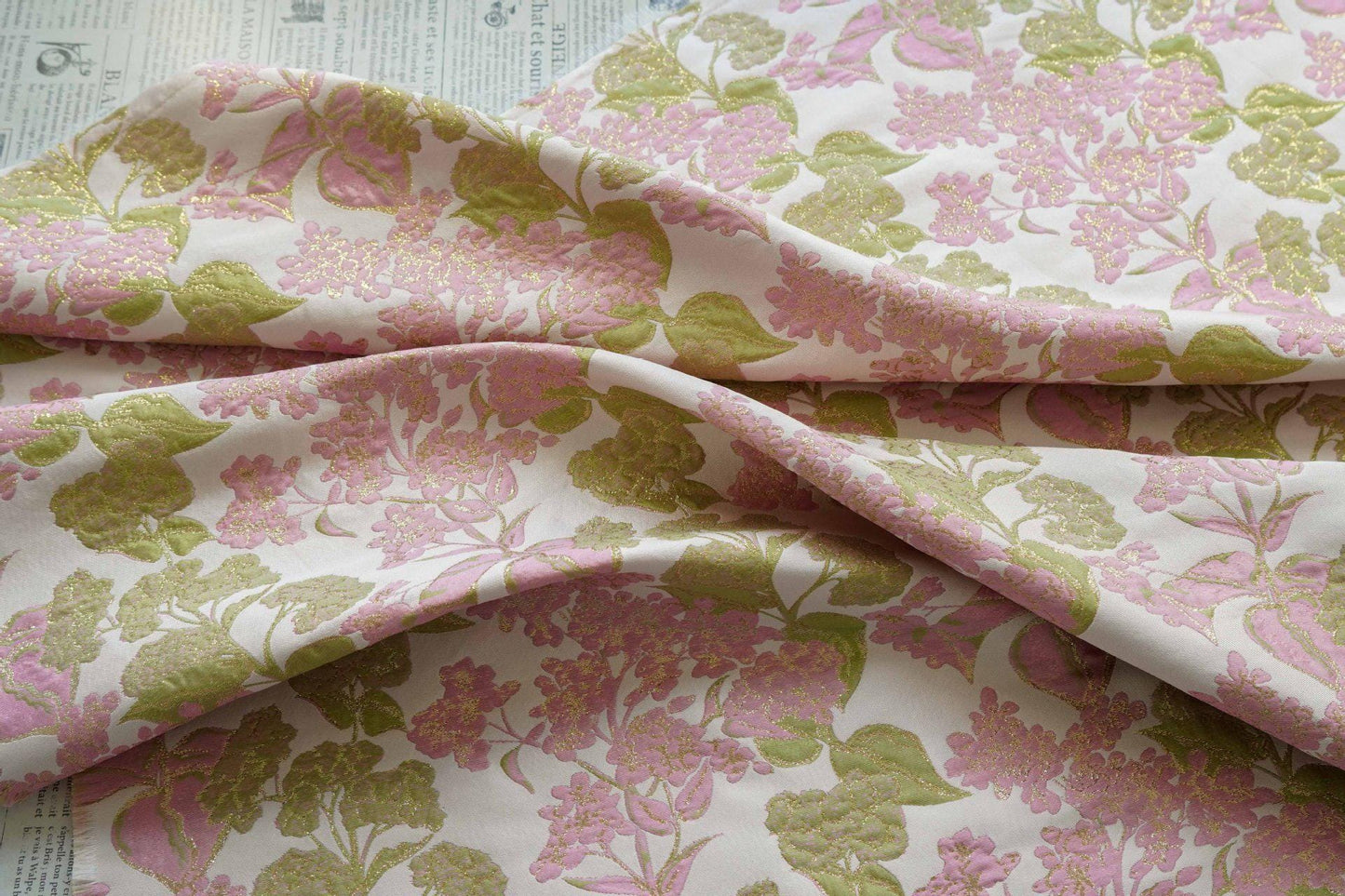 Pink Floral Jacquard Brocade Fabric with Gold Thread, 58" Wide