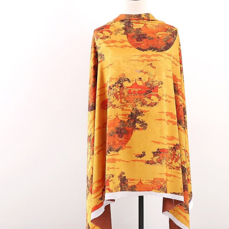 Ancient Chinese Baizi Print Fabric: Polyester Spandex Blend, 59" Wide