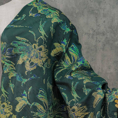Dark Green Floral Jacquard Fabric with Gold Thread - 55" Wide - By The Yard