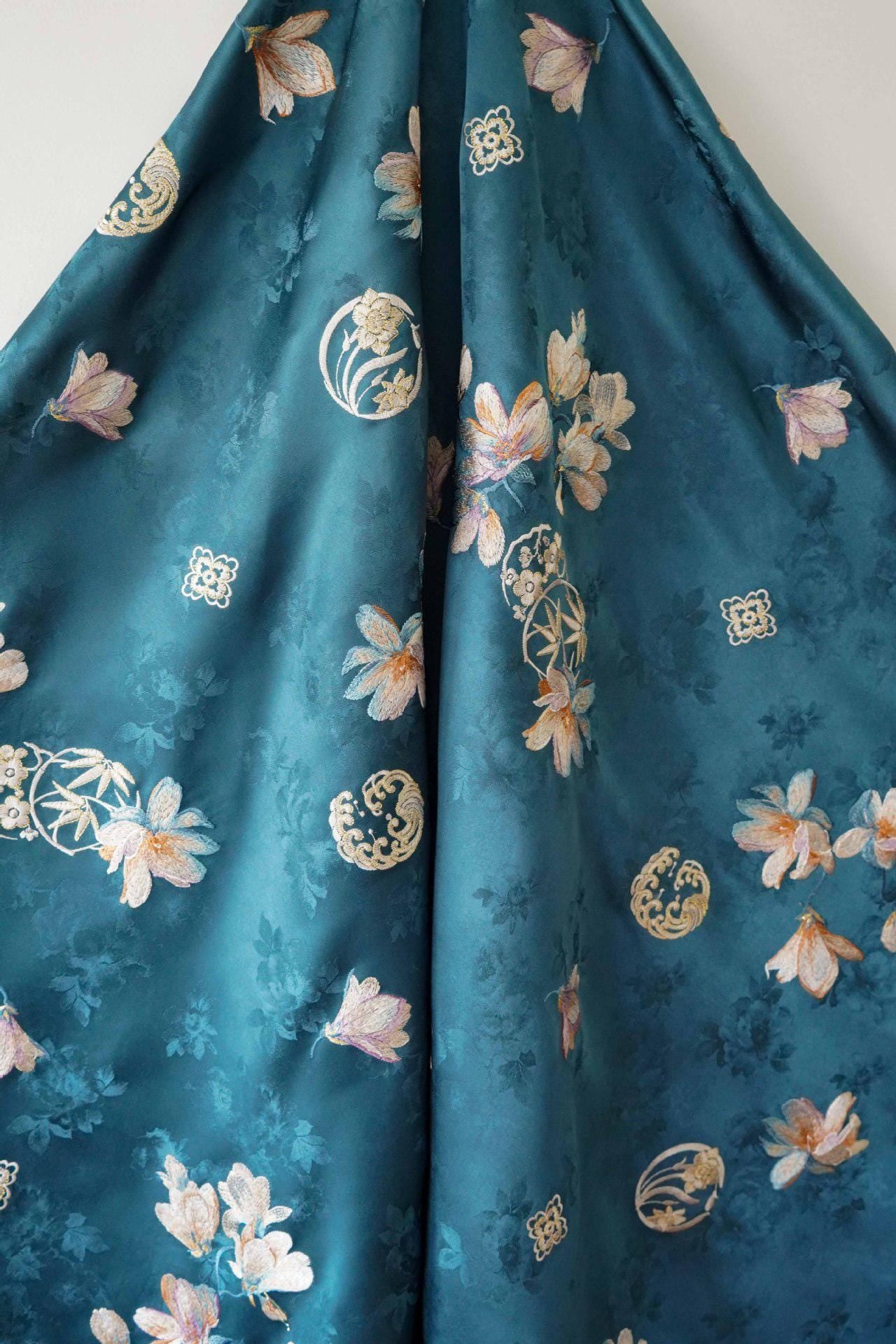 Silk Brocade Fabric: 59"W Peony Pattern for Cheongsam, Robes, Upholstery
