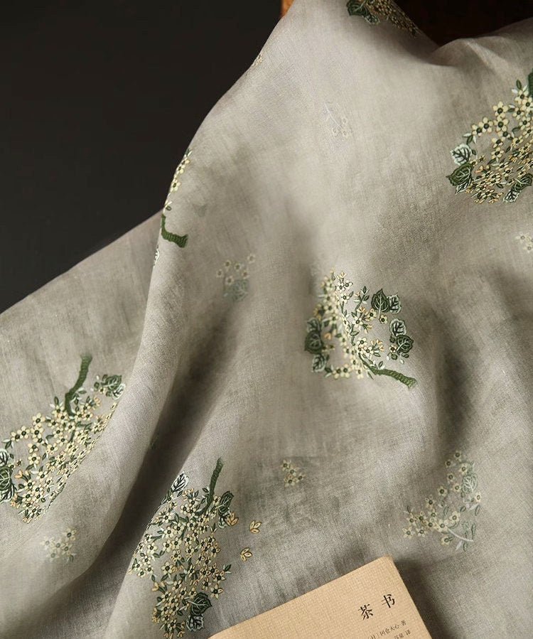 Floral Ramie Fabric: Birds and Flowers Print, 55" Wide - By The Meter