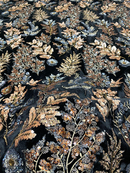 Tissu brodé de sequins en velours noir ��� Texti de perles multicolores" Large