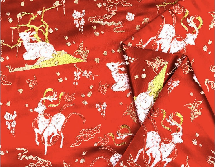 Christmas Reindeer Brocade Fabric: Red Holiday Sewing Material